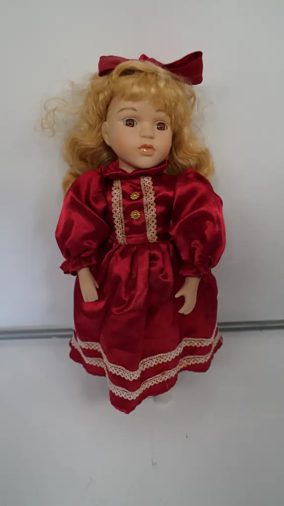 Porcelain Style Girl Doll Blonde Hair Brown Eyes Burgundy Dress
