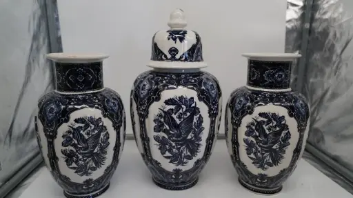 [ViVase00000002013] Vintage Delft Style Blue & White Ceramic Vases Set of 3 Bird Motif Floral 