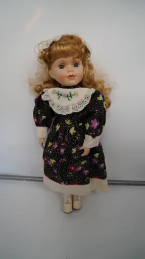 [PoDoll00000002340] Porcelain Girl Doll Blonde Curly Hair Blue Eyes Floral Dress