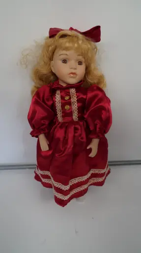 [PoDoll00000002341] Porcelain Style Girl Doll Blonde Hair Brown Eyes Burgundy Dress